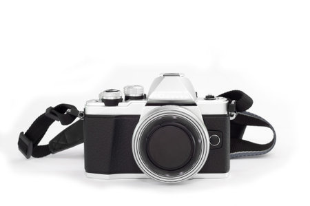 black retro camera on white background.