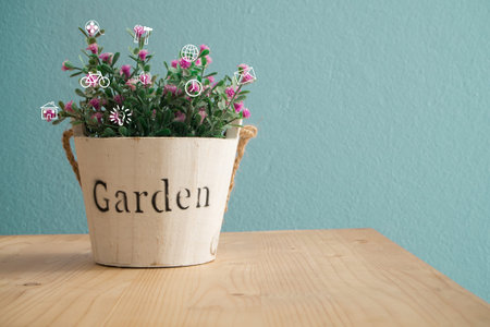 Office table with Flower pot, View from front with  Rose flower.