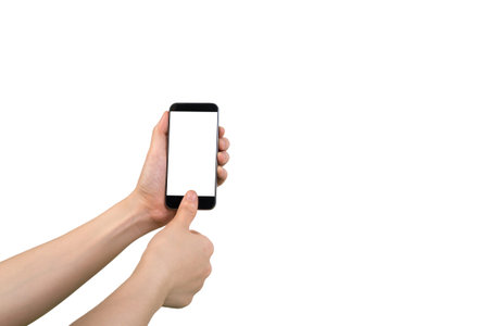 human hand hold smart phone, tablet, cellphone with blank screen on isolate white background,...