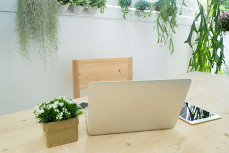 office table with laptop, tablet and dwarf tree on pot, Work in the garden.の写真素材