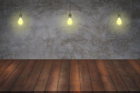 wood shelves and lamp light on vintage concrete cement background, Shelves for display products and...