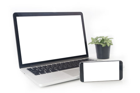 dwarf tree on flowerpot with blank screen of notebook and horizontal cell phone, tablet, smartphone...