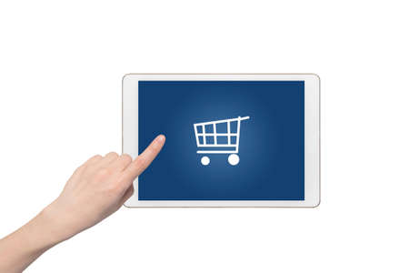 human hand  touch shop cart icon on smart phone, tablet, cellphone with and isolate white background.の写真素材