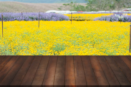 montage of wood floor for advertisement on blurry yellow beautiful flower at floral garden, concept...
