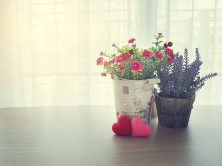 wood table with pink rose flower on flowerpot and red heart shape sign on blurry beautiful white drape window texture background.の写真素材