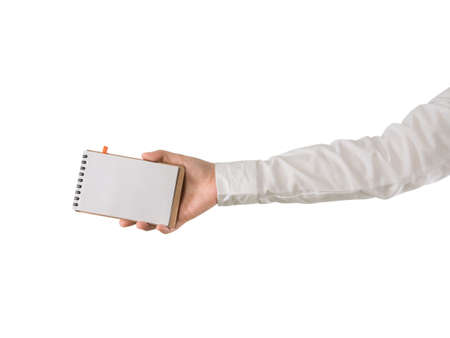 human hand hold blank screen on notebook paper on isolated white background.の写真素材