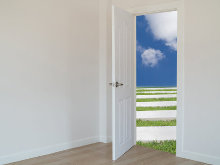 Open door with path way to sky, concept of learning outside the classroom. travel outside.