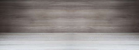 wide old wood office table, empty wood shelf for text.の写真素材