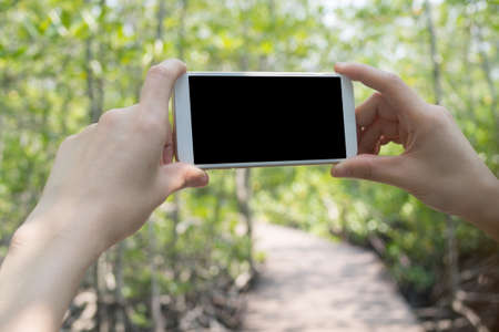human hand hold black blank screen for text on smart phone, tablet, cellphone with walk way in garden, take photo.の写真素材