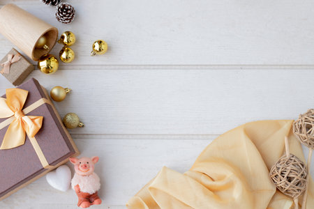 Christmas composition with frame of Christmas decoration . Flat lay, top view white table.