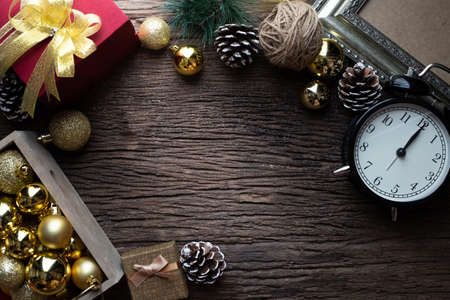 Copy space For text with Christmas composition, Christmas gift . top view on wood table.の写真素材