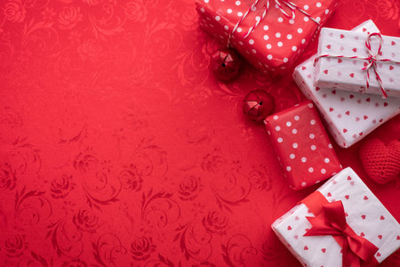 Copy space on Red tablecloth with Valentines gift box, Valentine's Day celebration background, top...
