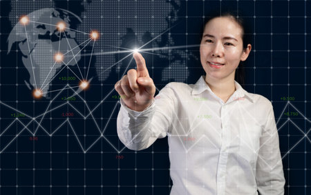 Business development to success and connecting concept, Businesswoman pointing virtual interface...