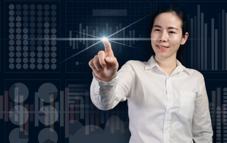 smiling businesswoman touching virtual screen, business startup as concept, trendy girl.