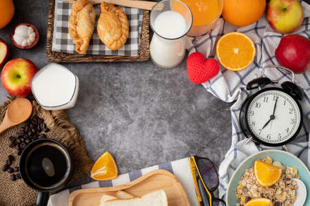 breakfast table with copy space on cement texture background.の写真素材