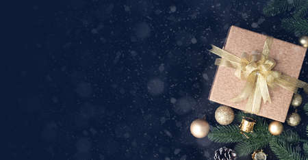 Christmas gift, present box and Christmas decorations background, view from above, wide Christmas background.の写真素材