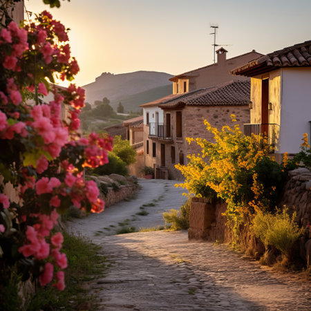 Sunset illuminates Spanish village.の素材