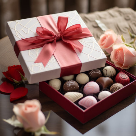 Chocolates, ribbon, and rosesの素材