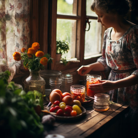 Girl preparing food kitchenの素材