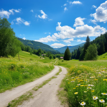 Meadow road in mountainsの素材