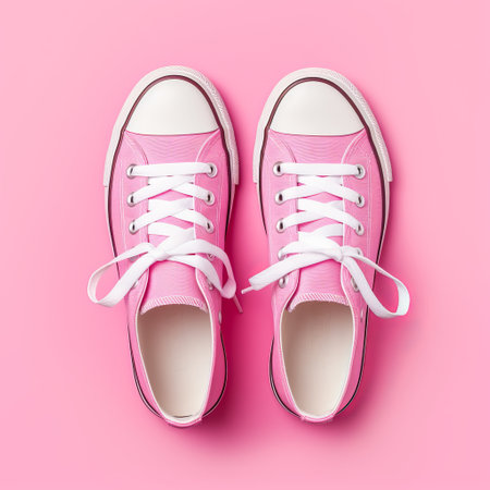 Pink sneakers on pink background.の素材