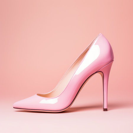 Pink womens high heel shoes on a pink background.の素材