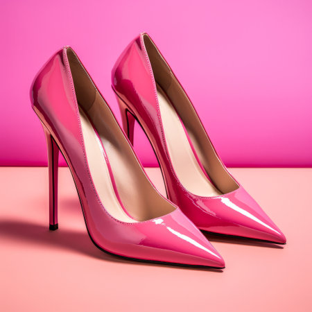 Pair of pink womens shoes on a pinkの素材