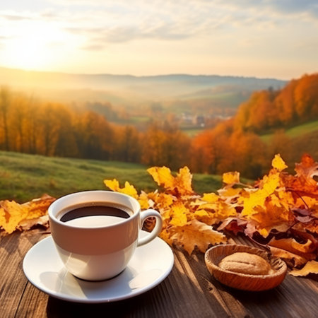 Coffee cup with distant autumn viewの素材