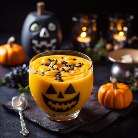 Pumpkin Soup with Seeds. Pumpkin Figures in Halloween Style Background.の素材