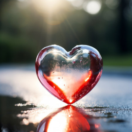 Glass heart on wet road, with reflection in asphalt. Sun shining from behind. Valentines Day love theme.の素材