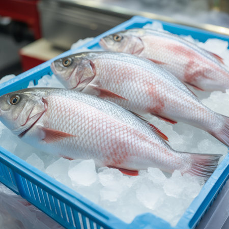 Three fish lying in an ice-filled box. Market in Thailand.の素材