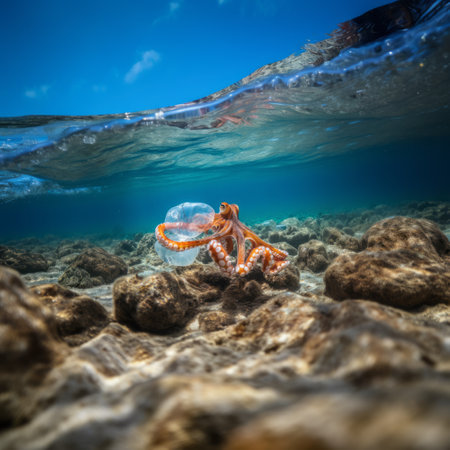 Octopus underwater with plastic bagの素材