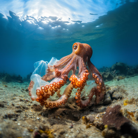 Octopus Underwater. Plastic Debris in its Tentacle. Environmental Pollution.の素材