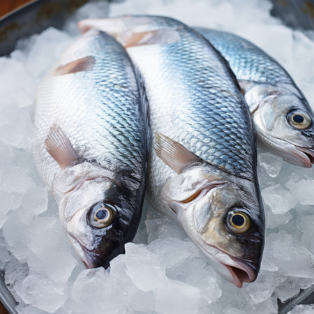 Close-Up: Three Fish in Ice-Filled Box at Marketの素材