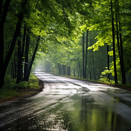 Road in Autumn Forest: Paved with Puddles, Trees, Yellow Leavesの素材