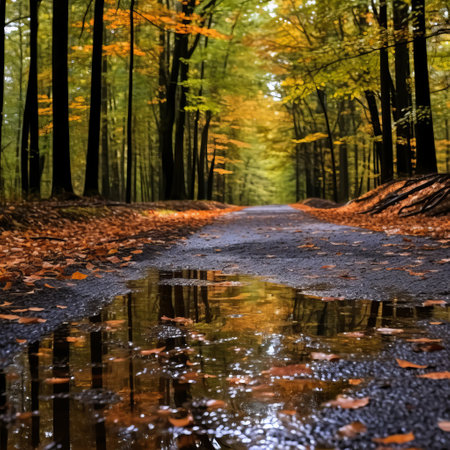 Autumn forest with foreground puddleの素材