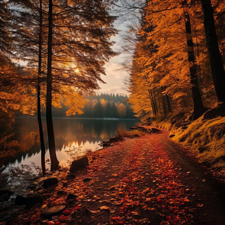 Pond reflecting autumnal treesの素材