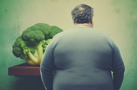 Fat man doesnt want to look to a broccoli pictureの素材