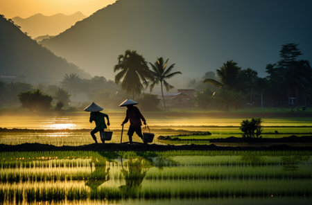 Farmers in Vietnam working in rice fields at dawnの素材