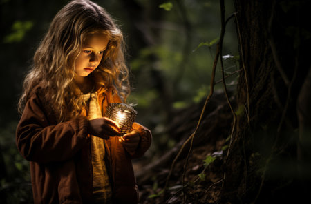 8 year old girl lost in night forestの素材
