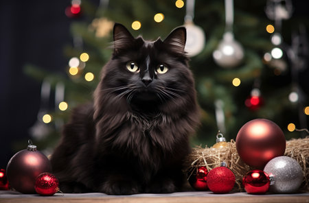 A black and white cat sits near a decorated Christmas treeの素材
