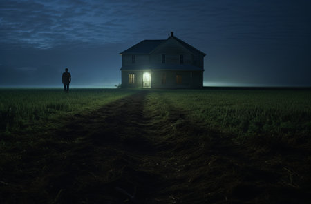 Man Contemplates Approaching Distant Houseの素材