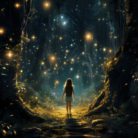 Girl standing with her back to us in a magical forest with firefliesの素材