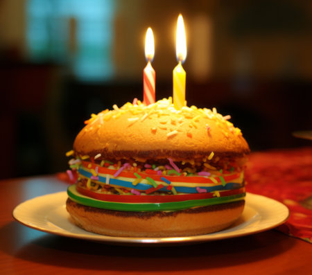 Hamburger with Lit Birthday Candleの素材
