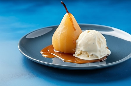 Caramelized pear on blue tableclothの素材