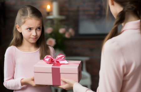Young girl hesitates to give birthday presentの素材