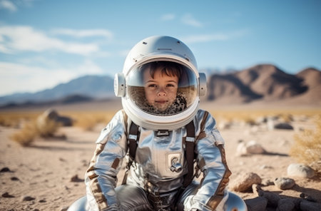 Young boy dressed as astronaut in desertの素材