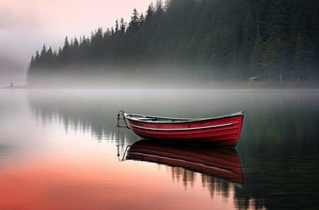 Red boat sailing on foggy lakeの素材