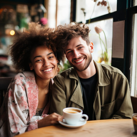 Young interracial couple in cafeの素材