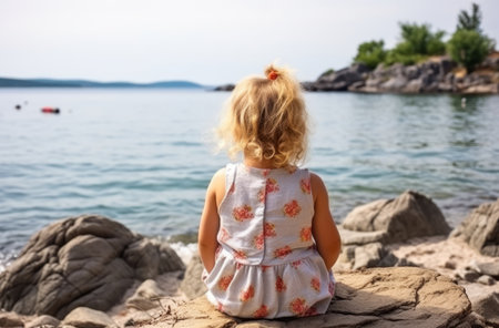 Young girl sitting on rocky shoreの素材
